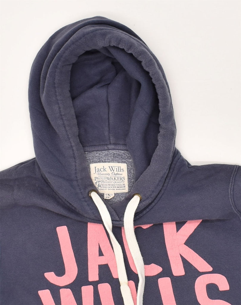 JACK WILLS Womens Graphic Hoodie Jumper UK 10 Small Navy Blue Cotton | Vintage Jack Wills | Thrift | Second-Hand Jack Wills | Used Clothing | Messina Hembry 