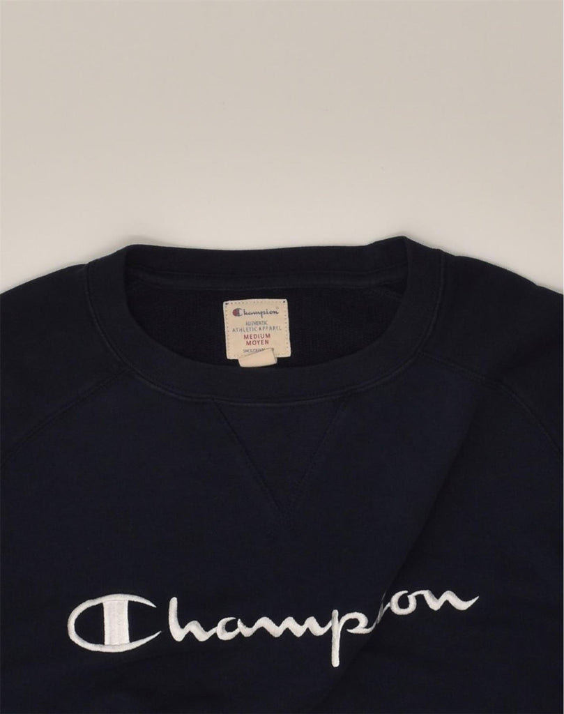 CHAMPION Mens Graphic Sweatshirt Jumper Medium Navy Blue Cotton | Vintage Champion | Thrift | Second-Hand Champion | Used Clothing | Messina Hembry 