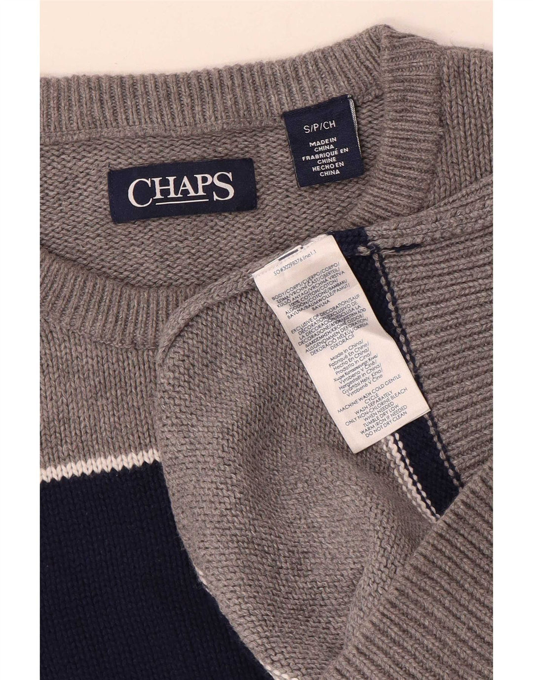 Chaps Mens Crew Neck Jumper Sweater Small Grey Striped Cotton
