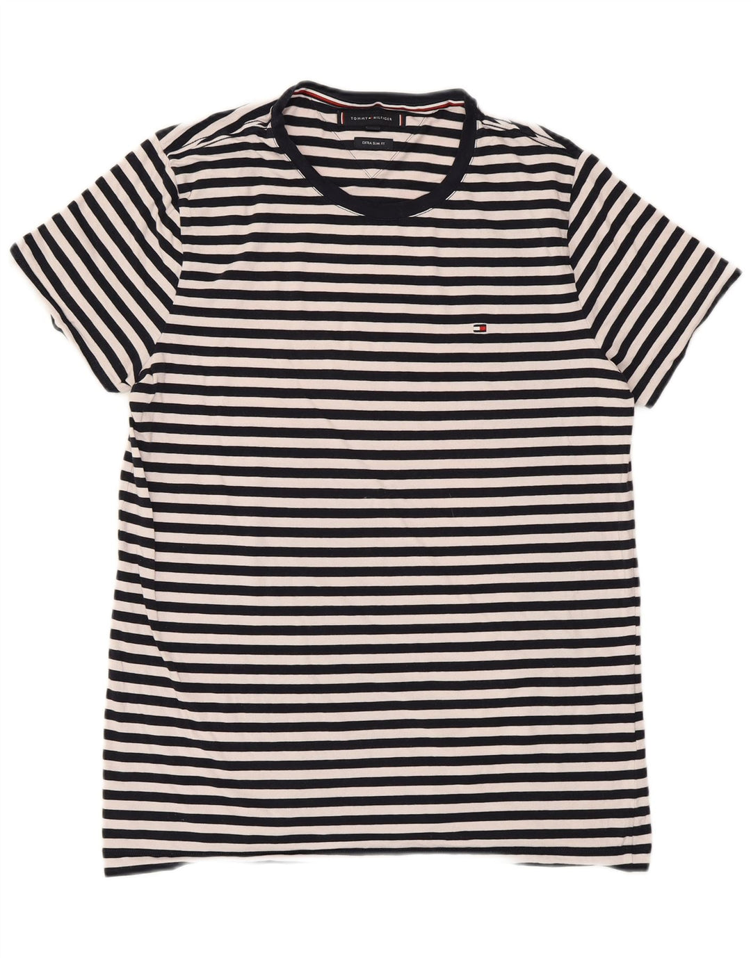 TOMMY HILFIGER Mens Extra Slim T-Shirt Top Large Navy Blue Striped Cotton