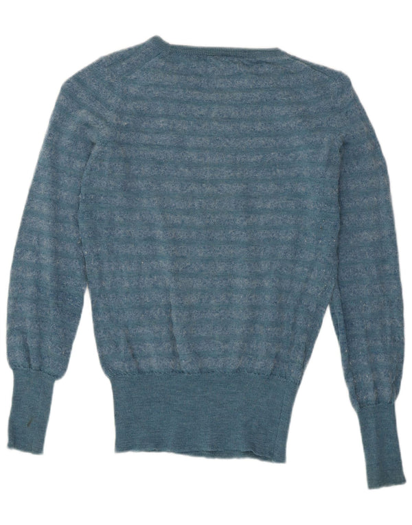 Jaeger Womens Boat Neck Jumper Sweater UK 10 Small Blue Striped Wool