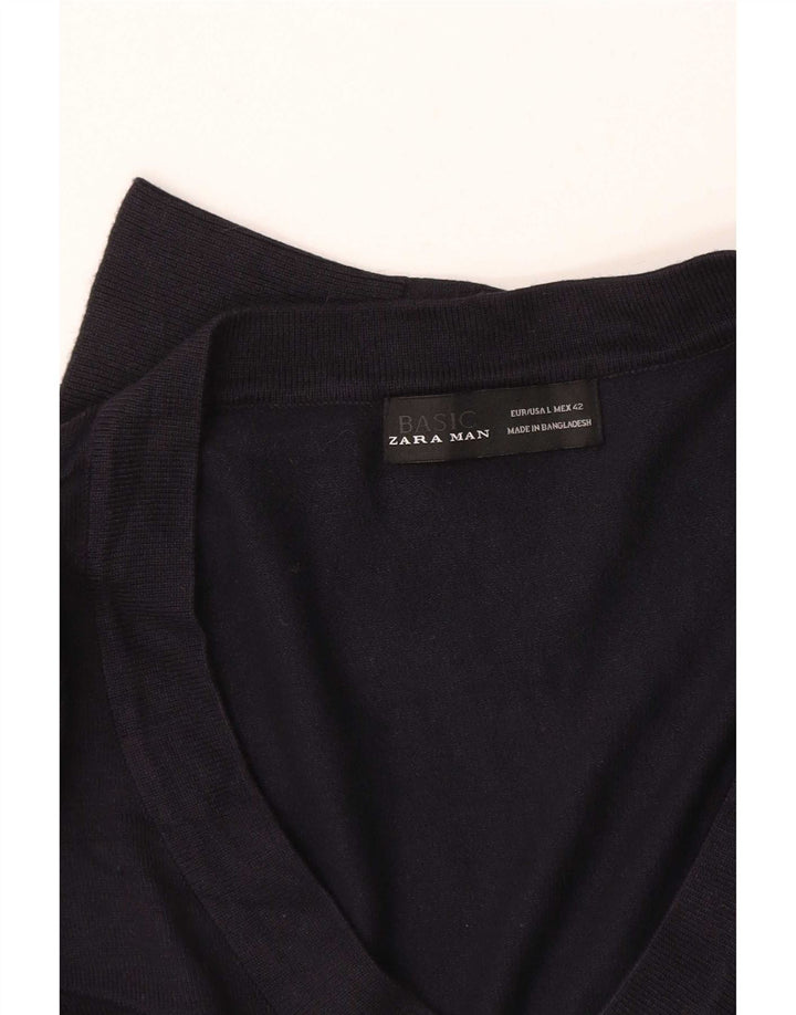 Zara Mens V-Neck Jumper Sweater Large Navy Blue