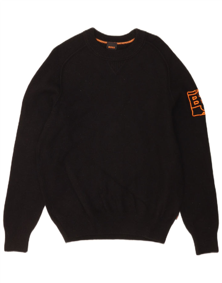 Hugo Boss Mens Graphic Crew Neck Jumper Sweater Medium Black Cotton