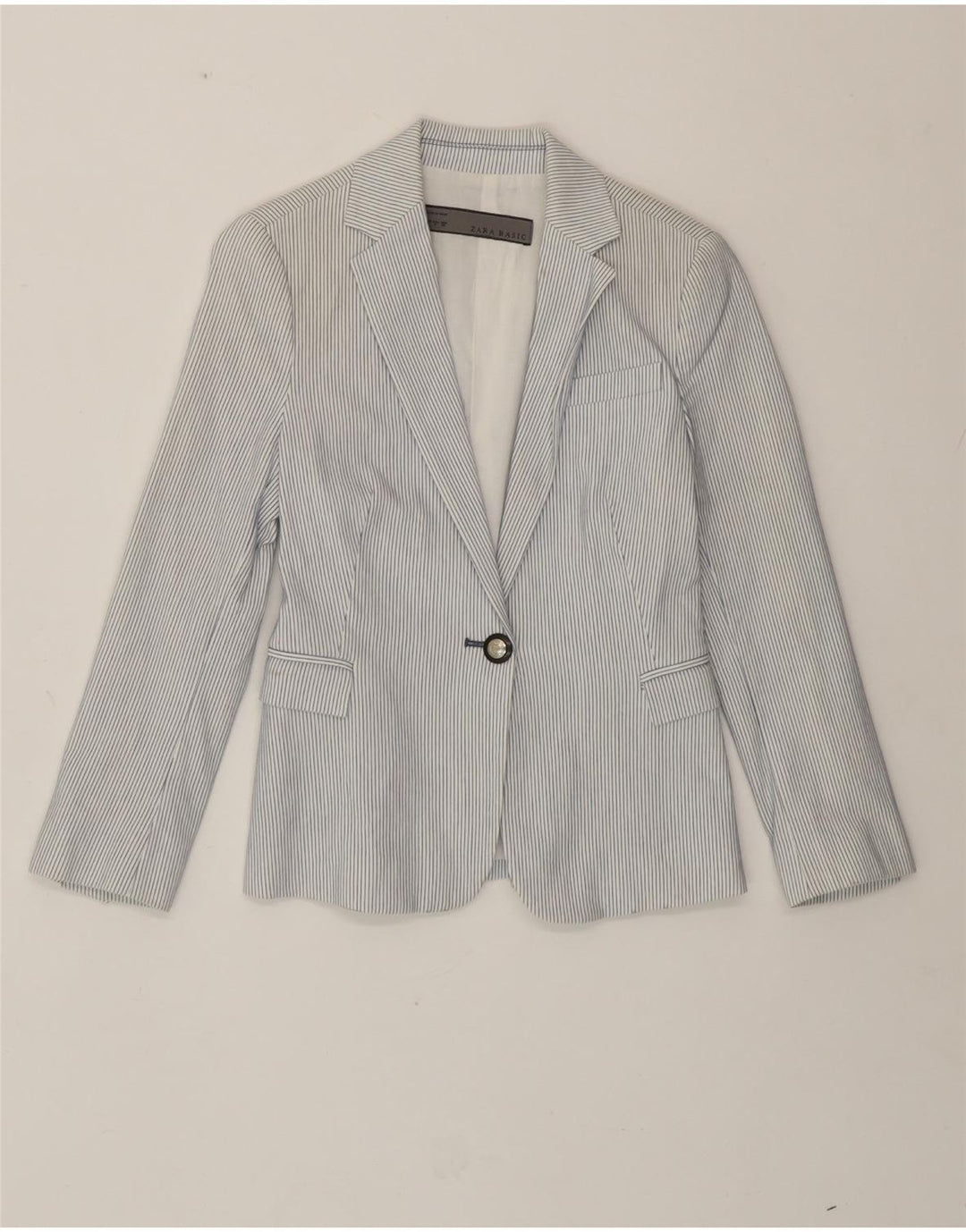 Zara Womens 1 Button Blazer Jacket UK 10 Small White Pinstripe Cotton