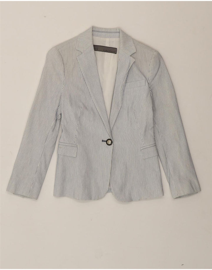 Zara Womens 1 Button Blazer Jacket UK 10 Small White Pinstripe Cotton
