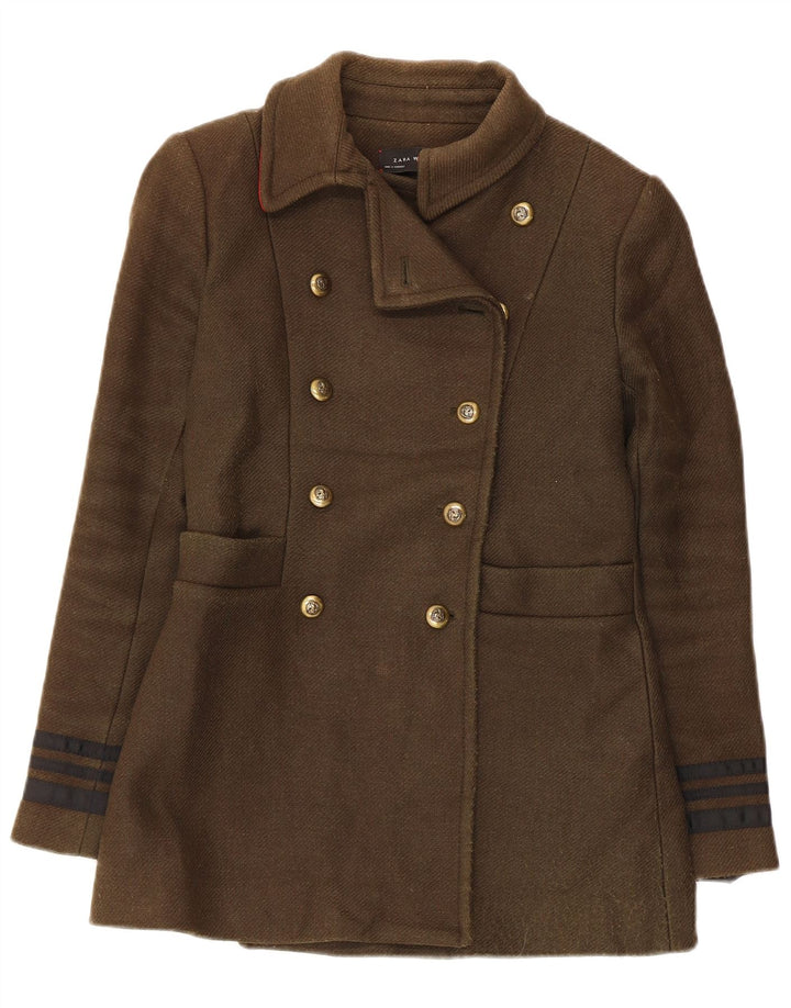 Zara Womens Pea Coat UK 10 Small Khaki Wool