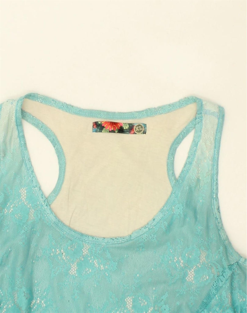 DESIGUAL Girls Graphic Vest Top 15-16 Years XL Blue Polyester | Vintage Desigual | Thrift | Second-Hand Desigual | Used Clothing | Messina Hembry 