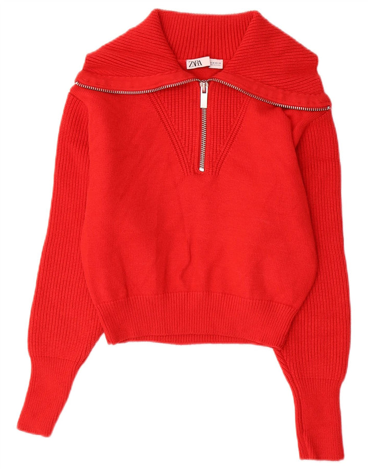 ZARA Womens Crop Zip Neck Jumper Sweater UK 14 Medium Red Viscose