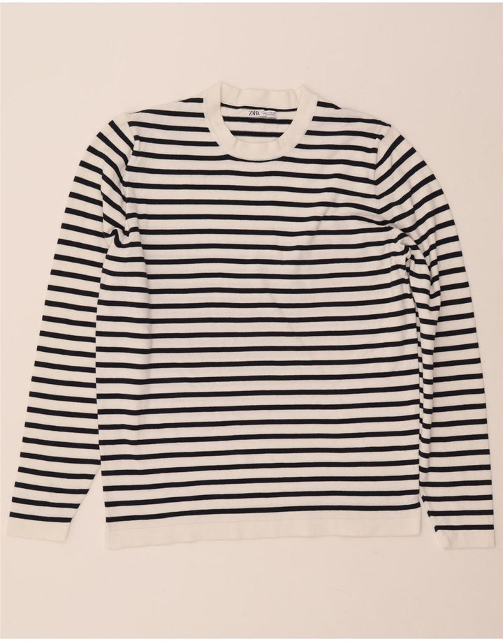 ZARA Mens Top Long Sleeve Small White Striped Cotton