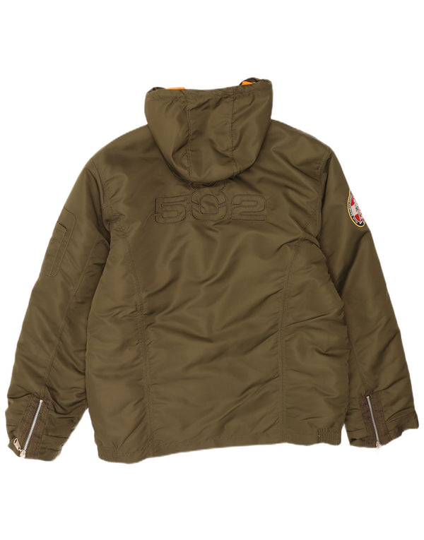 Vintage Mens Graphic Hooded Padded Jacket UK 44 2XL Khaki Nylon