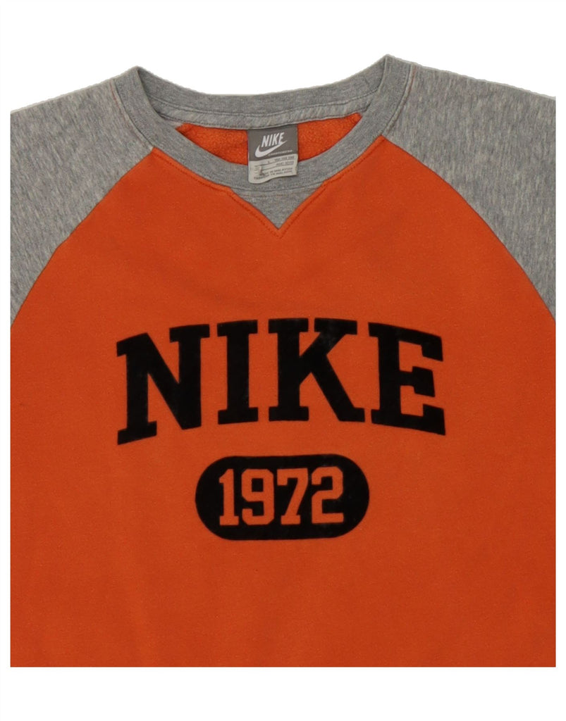NIKE Boys Graphic Sweatshirt Jumper 12-13 Years Large Orange Colourblock Vintage Nike and Second-Hand Nike from Messina Hembry 