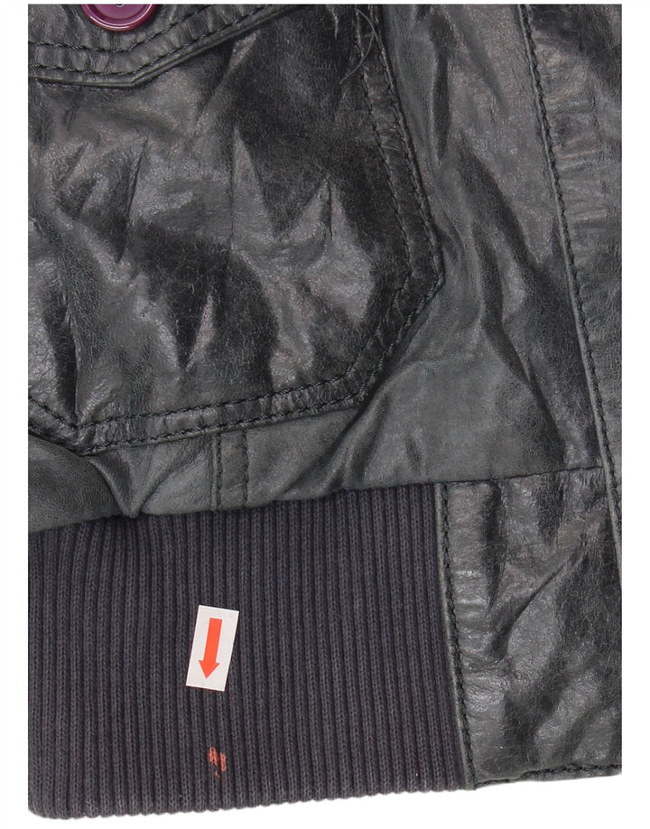Vintage Womens Bomber Leather Jacket IT 46 Large Navy Blue Leather