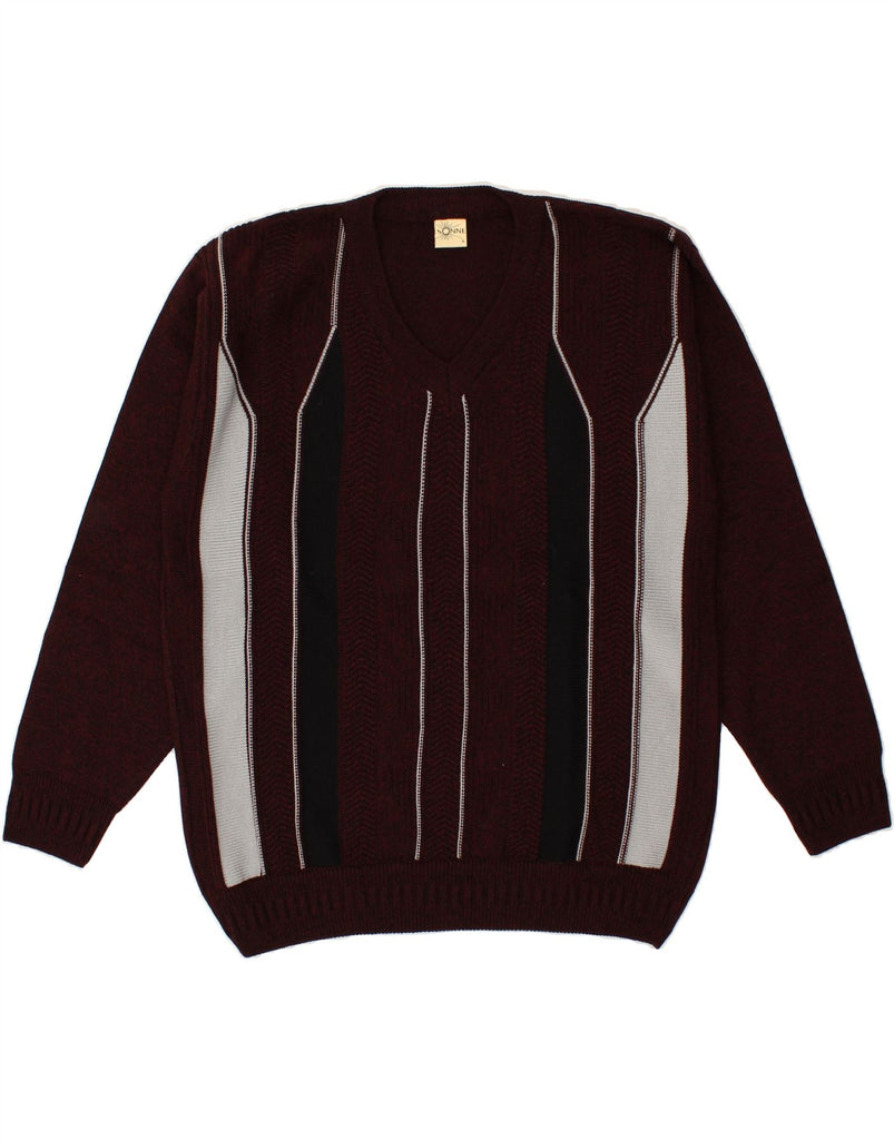 VINTAGE Mens V-Neck Jumper Sweater Large Burgundy Striped Acrylic | Vintage Vintage | Thrift | Second-Hand Vintage | Used Clothing | Messina Hembry 