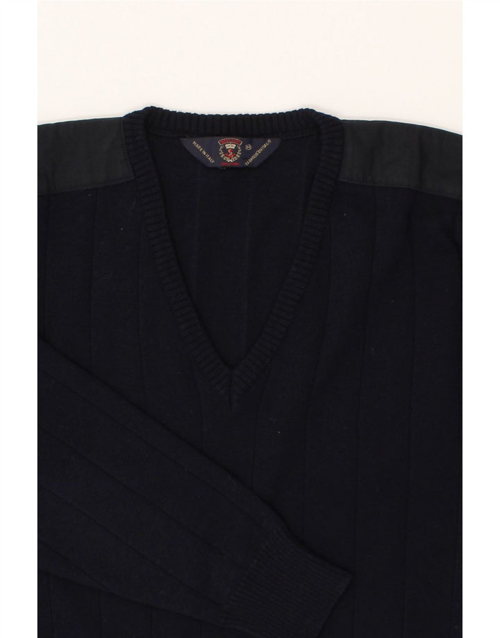 VINTAGE Mens V-Neck Jumper Sweater Medium Navy Blue Wool Vintage Vintage and Second-Hand Vintage from Messina Hembry 