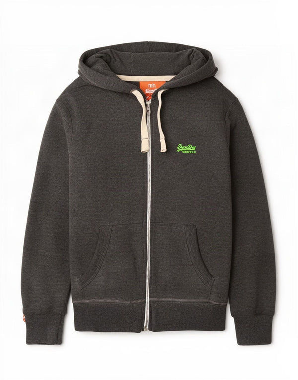 Superdry Mens Zip Hoodie Sweater Large Grey Cotton