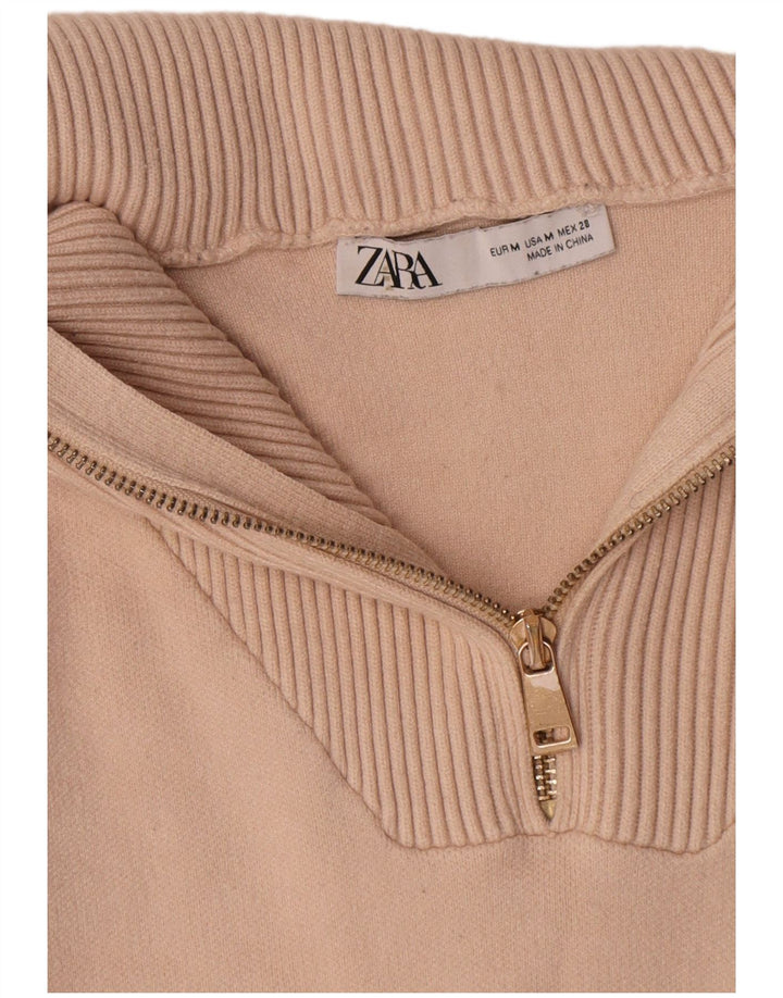 Zara Womens Oversized Zip Neck Jumper Sweater UK 14 Medium Beige Viscose