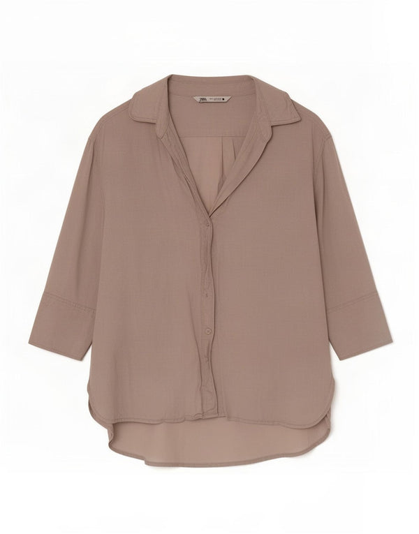 Zara Womens 3/4 Sleeve Overshirt Shirt UK 6 XS Beige Linen