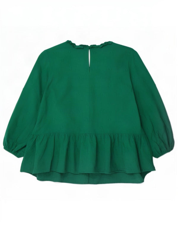 Zara Womens Long Sleeve Blouse Top UK 18 XL Green Spotted Cotton
