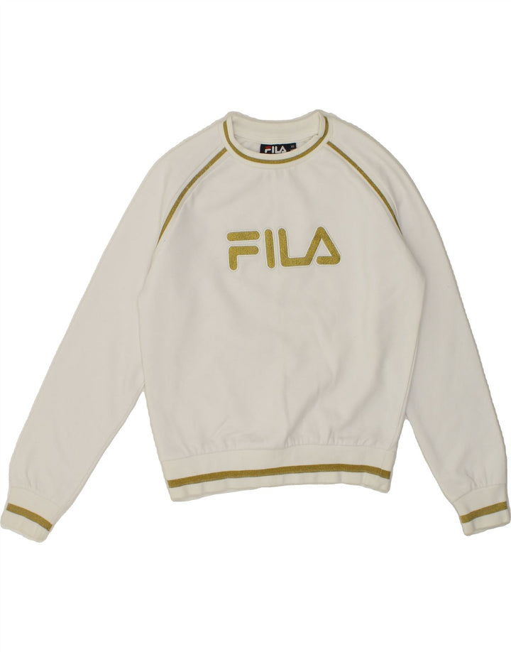FILA Womens Oversized Graphic Sweatshirt Jumper UK 6 XS White Cotton Vintage Fila and Second-Hand Fila from Messina Hembry 
