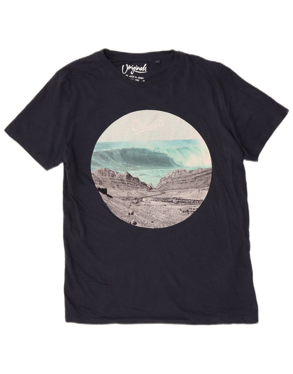 Jack & Jones Mens Regular Graphic T-Shirt Top Medium Navy Blue Nature