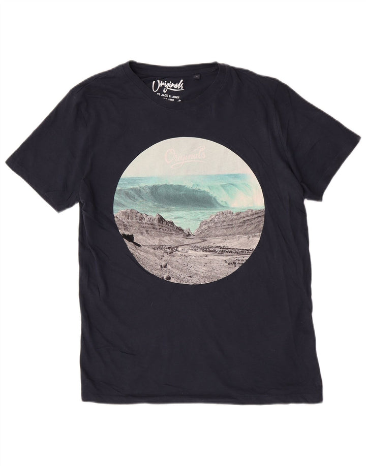 Jack & Jones Mens Regular Graphic T-Shirt Top Medium Navy Blue Nature