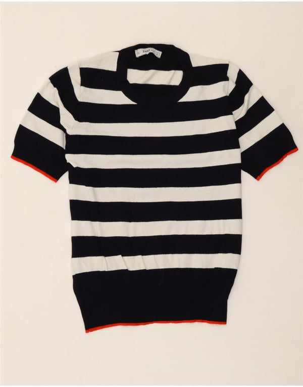 Zara Womens Short Sleeve Blouse Top UK 10 Small White Striped Viscose