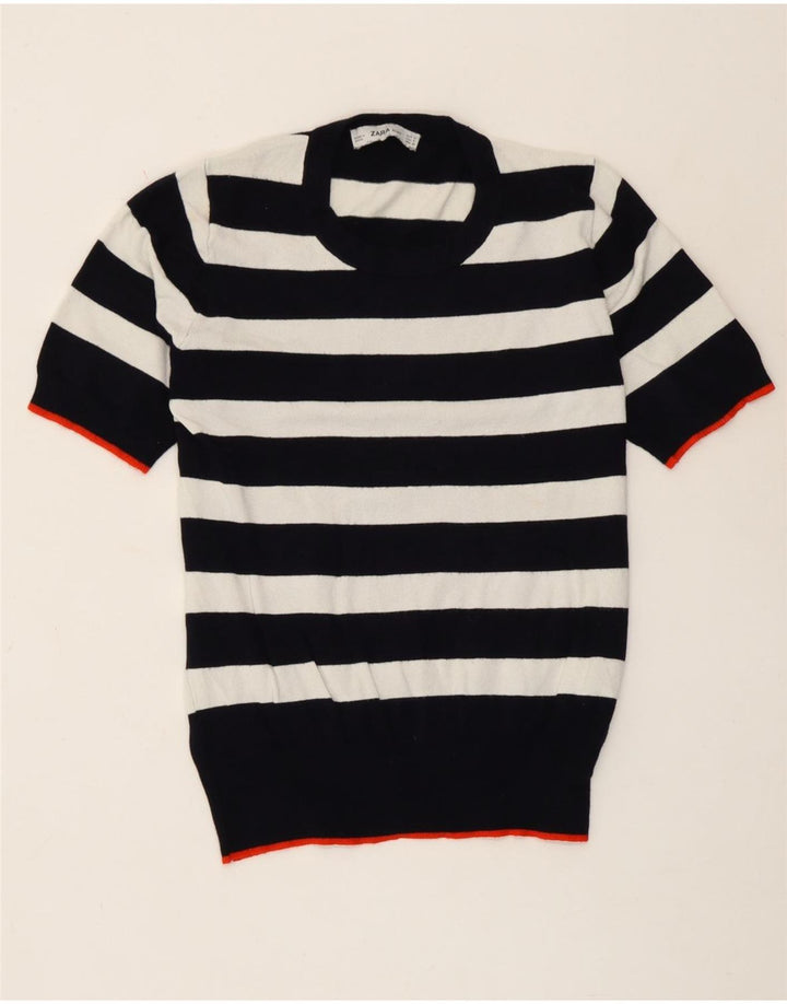 Zara Womens Short Sleeve Blouse Top UK 10 Small White Striped Viscose