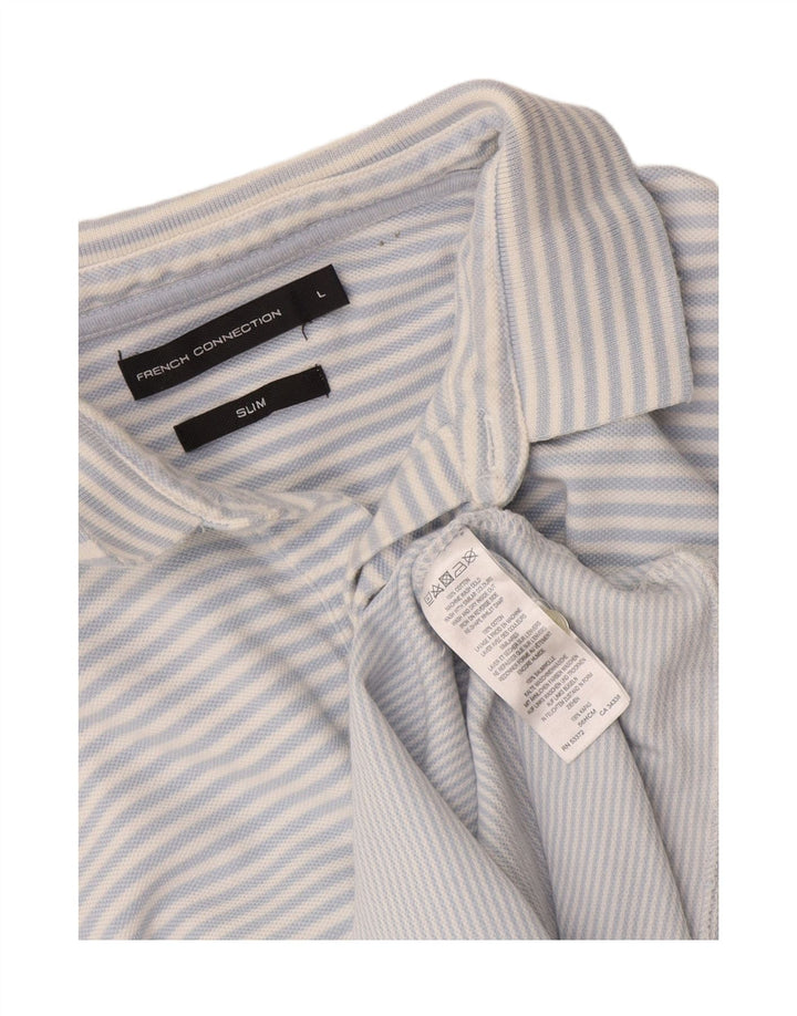 French Connection Mens Slim Polo Shirt Large Blue Striped Cotton