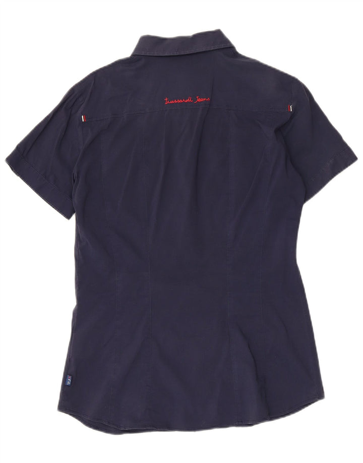 TRUSSARDI JEANS Womens Short Sleeve Shirt UK 12 Medium Navy Blue Cotton