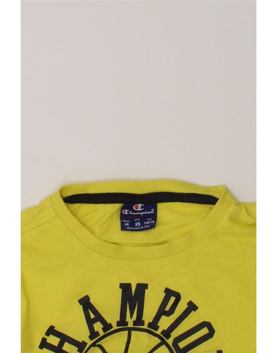 CHAMPION Boys Graphic T-Shirt Top 5-6 Years XS Yellow | Vintage Champion | Thrift | Second-Hand Champion | Used Clothing | Messina Hembry 