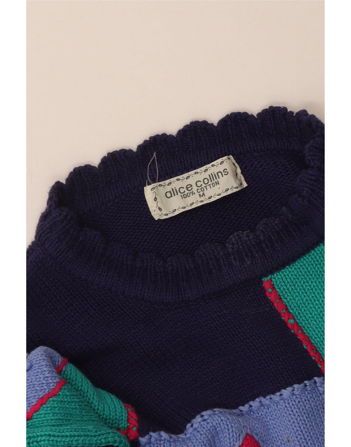 VINTAGE Womens Crew Neck Jumper Sweater UK 14 Medium Navy Blue Patchwork
