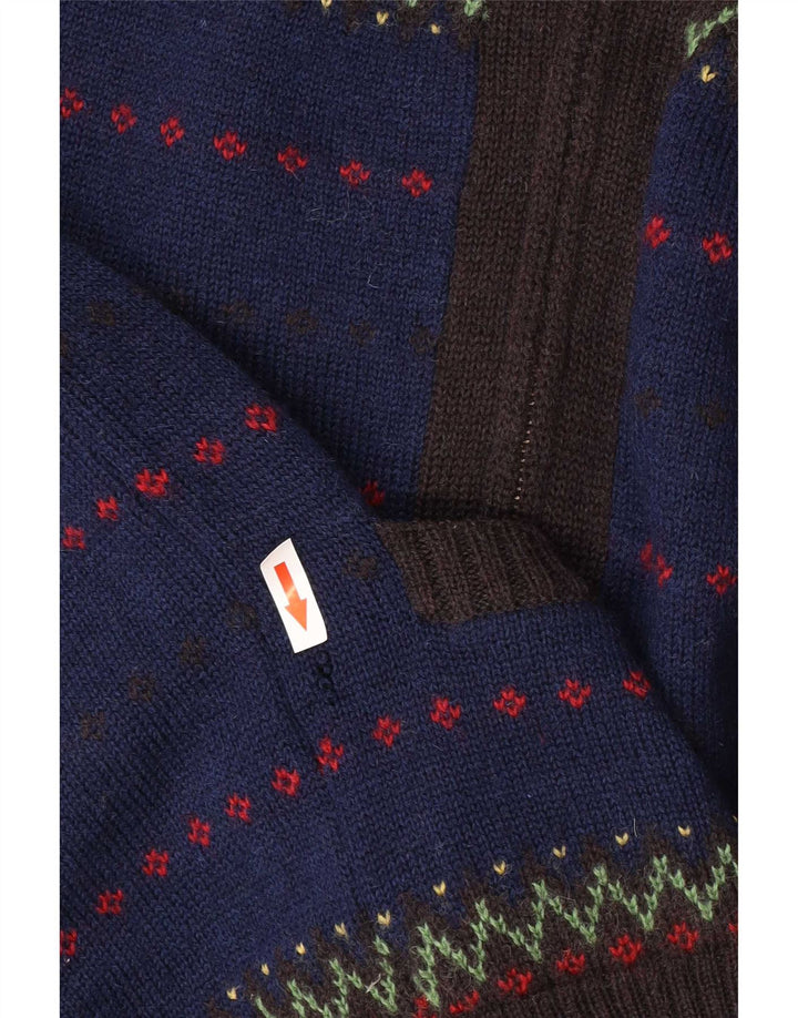 Farah Mens Full Zip Cardigan Sweater Medium Blue Fair Isle Wool