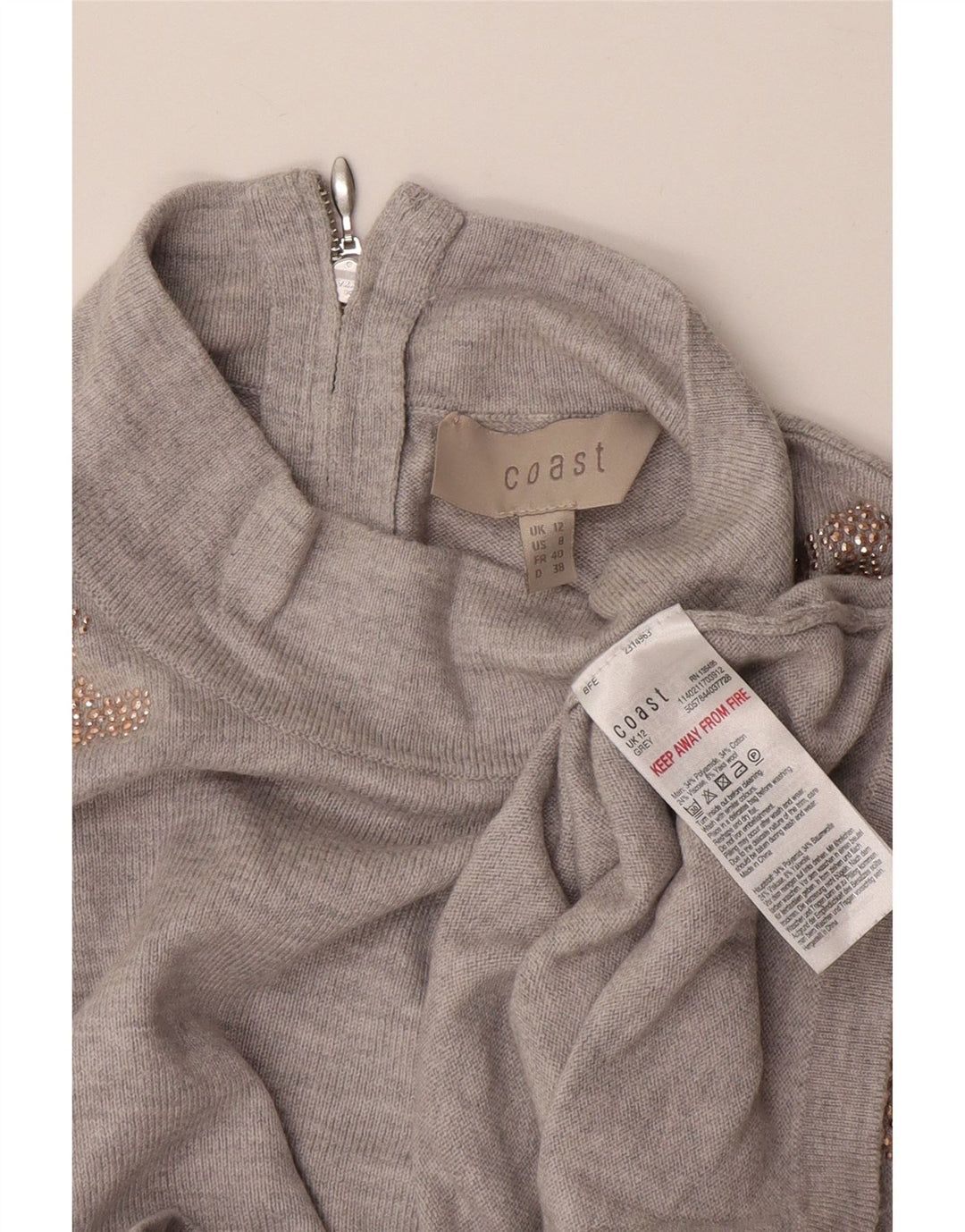 Coast Womens Turtle Neck Jumper Sweater UK 12 Medium Grey Floral Polyamide