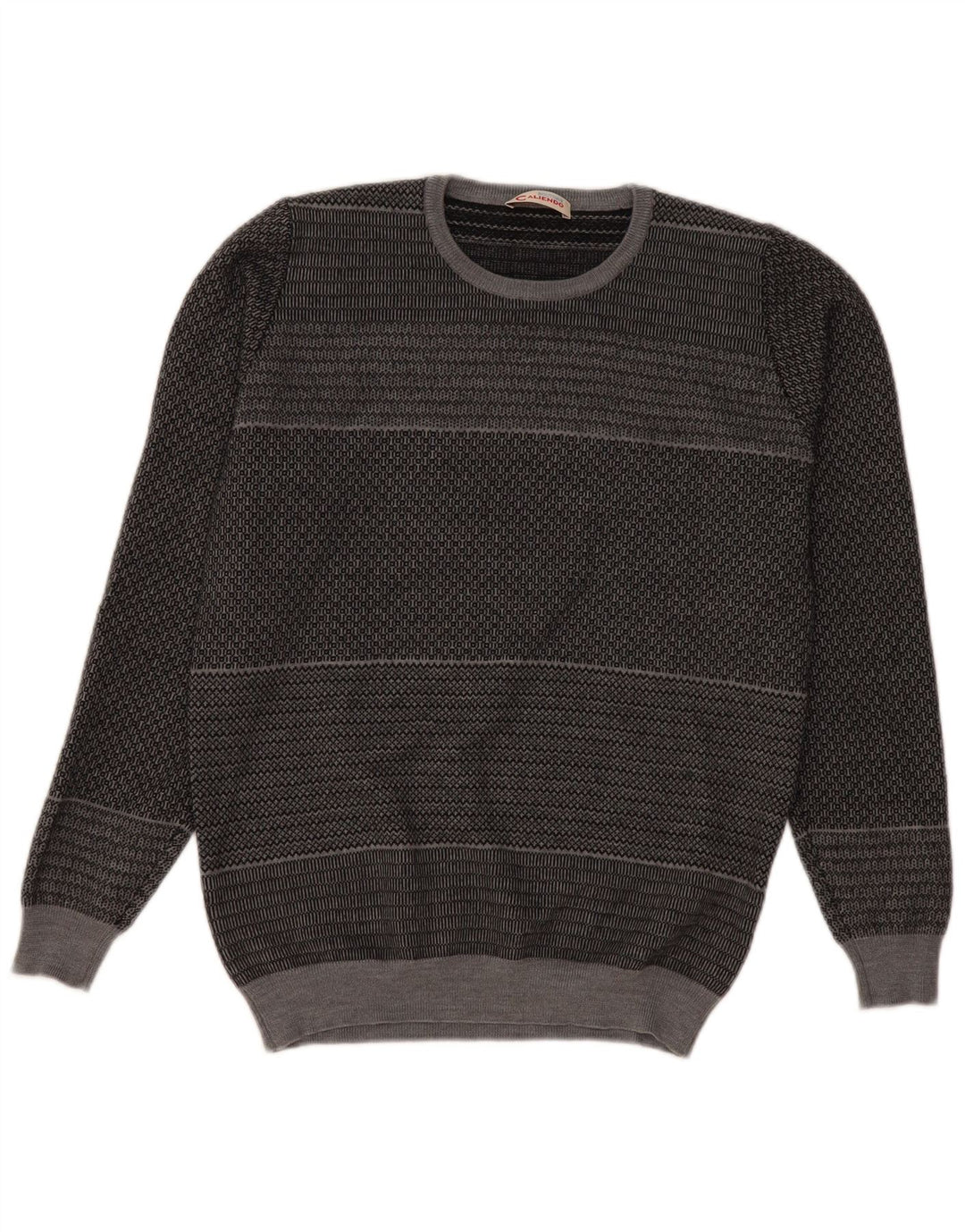 Vintage Mens Crew Neck Jumper Sweater Small Grey Striped Virgin Wool