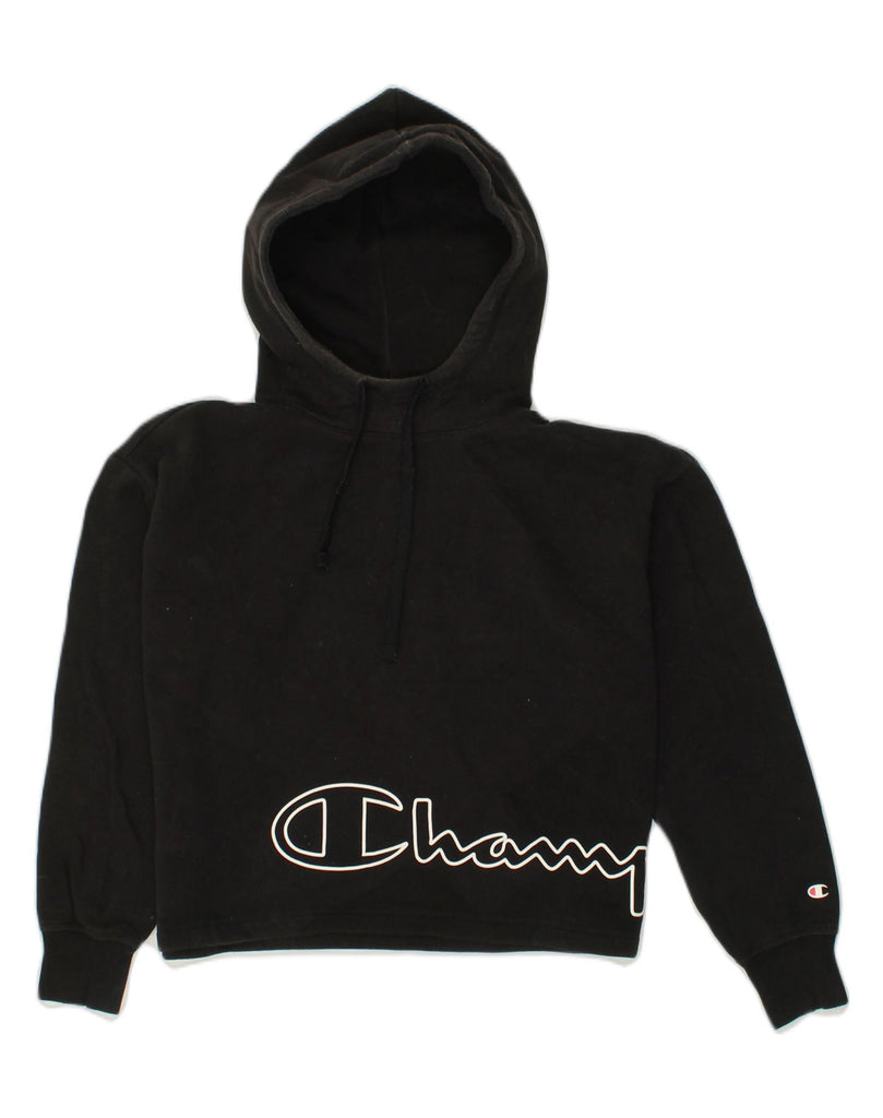 CHAMPION Womens Crop Graphic Hoodie Jumper UK 8 Small Black Cotton | Vintage Champion | Thrift | Second-Hand Champion | Used Clothing | Messina Hembry 