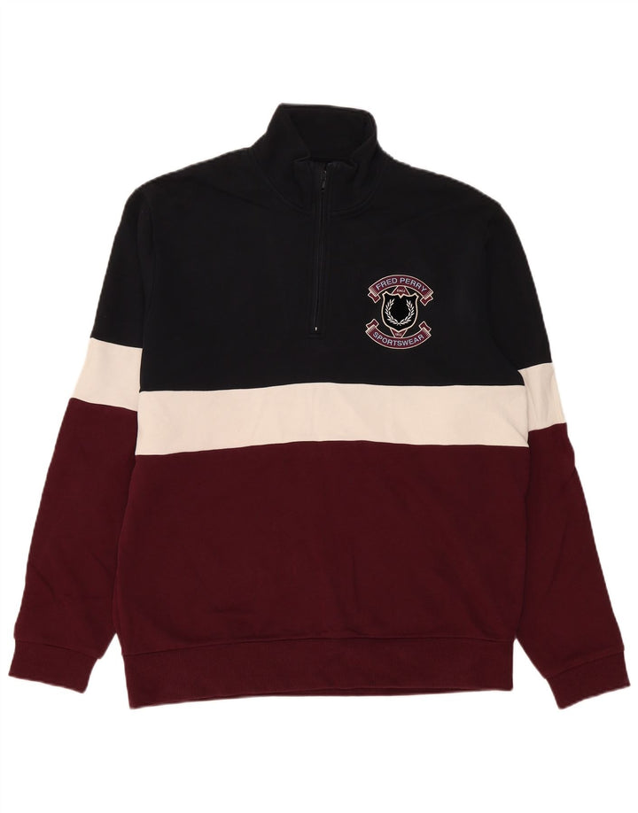 Fred Perry Mens Zip Neck Sweatshirt Jumper Medium Multicoloured Colourblock