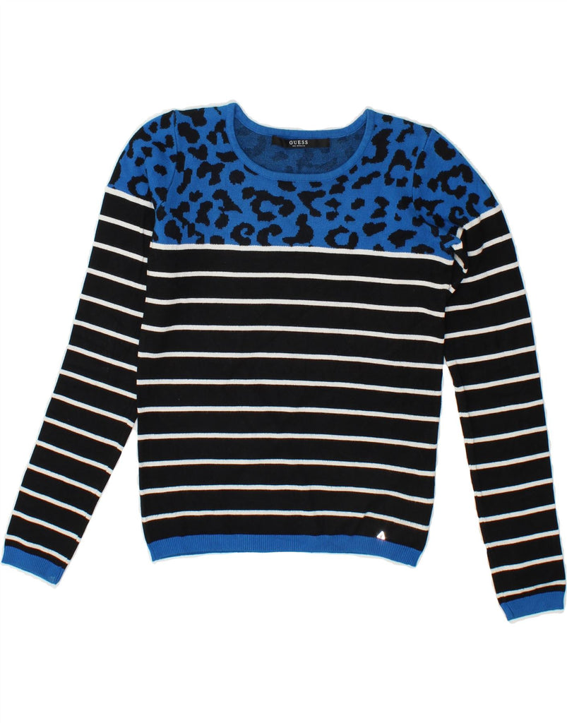 GUESS Womens Crop Boat Neck Jumper Sweater UK 6 XS Blue Striped Viscose Vintage Guess and Second-Hand Guess from Messina Hembry 