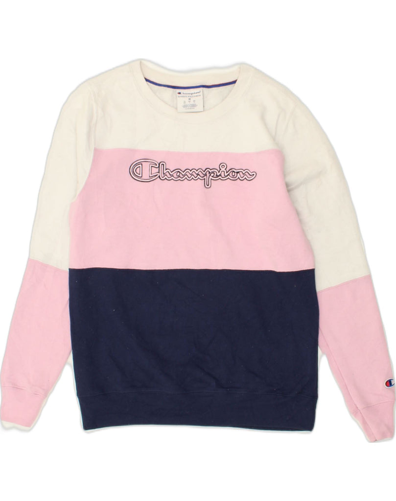 CHAMPION Womens Graphic Sweatshirt Jumper UK 14 Medium Pink Colourblock | Vintage Champion | Thrift | Second-Hand Champion | Used Clothing | Messina Hembry 