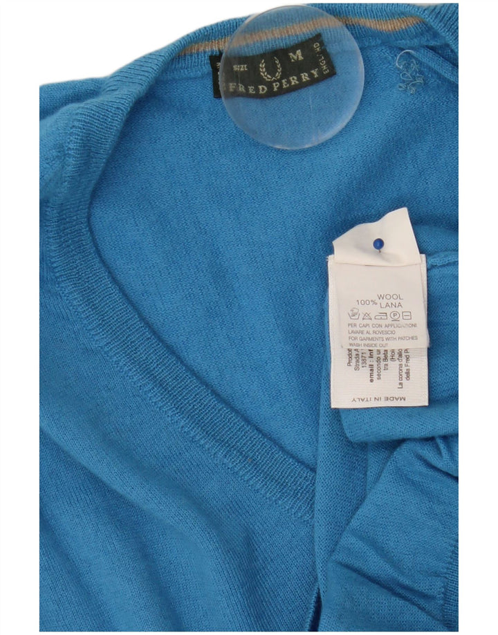 Fred Perry Womens V-Neck Jumper Sweater UK 12 Medium Blue Wool