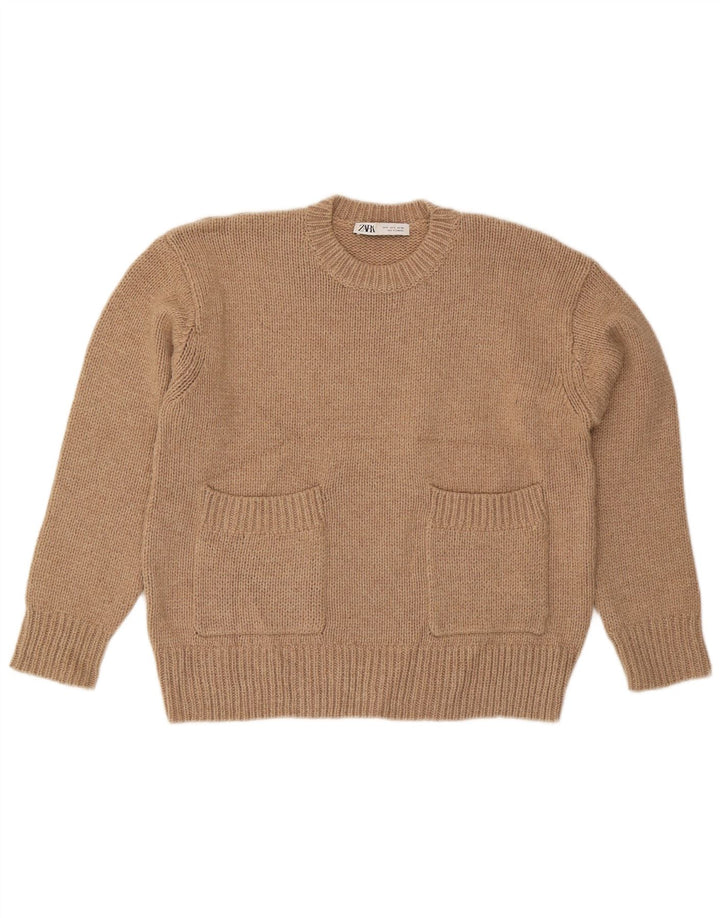 Zara Womens Oversized Crew Neck Jumper Sweater UK 10 Small Beige Polyester