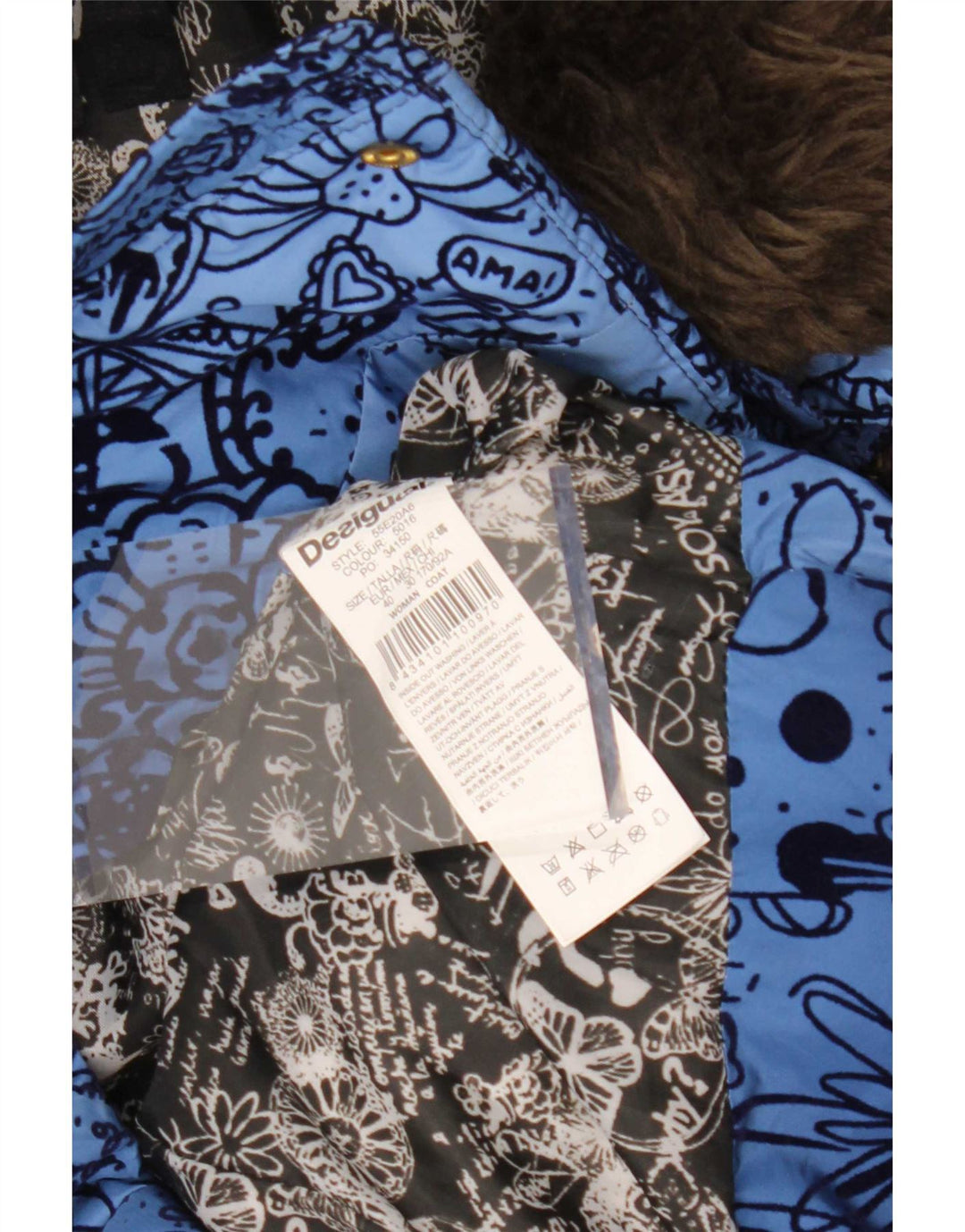 Desigual Womens Hooded Padded Coat EU 40 Medium Blue Floral Polyester