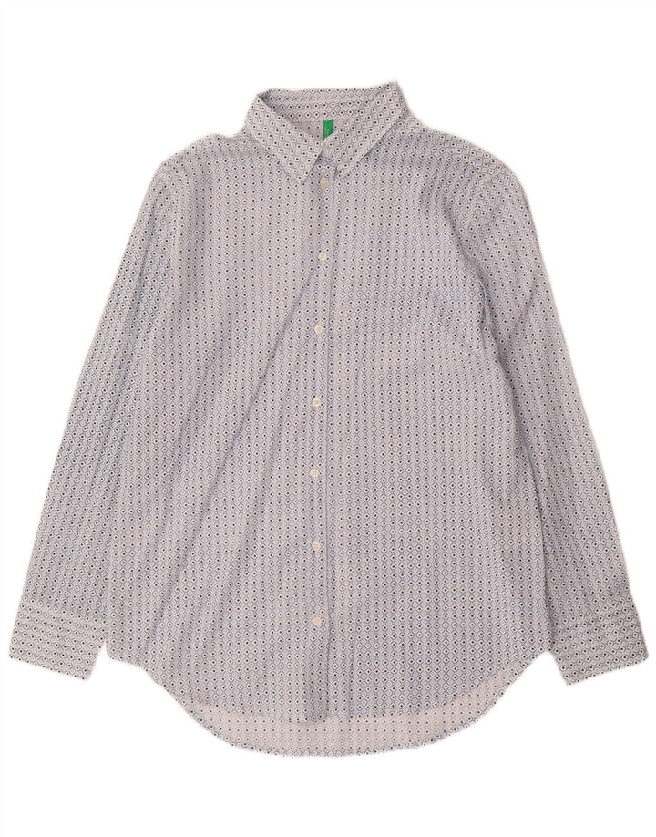 Benetton Womens Shirt Small Blue Geometric Cotton