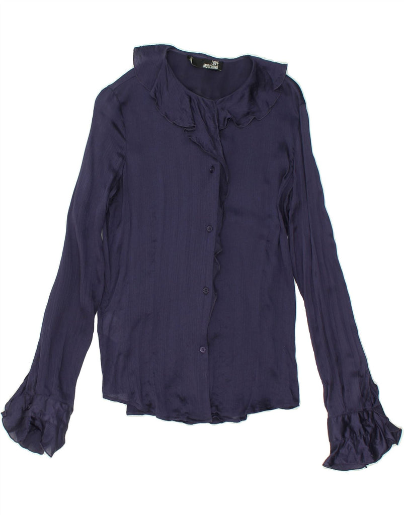 MOSCHINO Womens Shirt Blouse UK 12 Medium Navy Blue Silk | Vintage Moschino | Thrift | Second-Hand Moschino | Used Clothing | Messina Hembry 