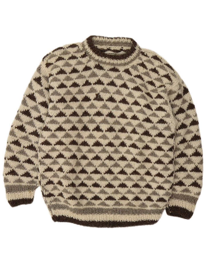 Vintage Mens Crew Neck Jumper Sweater Medium Off White Geometric