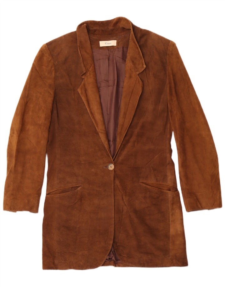 Vintage Womens Longline 1 Button Suede Blazer Jacket UK 10 Small Brown