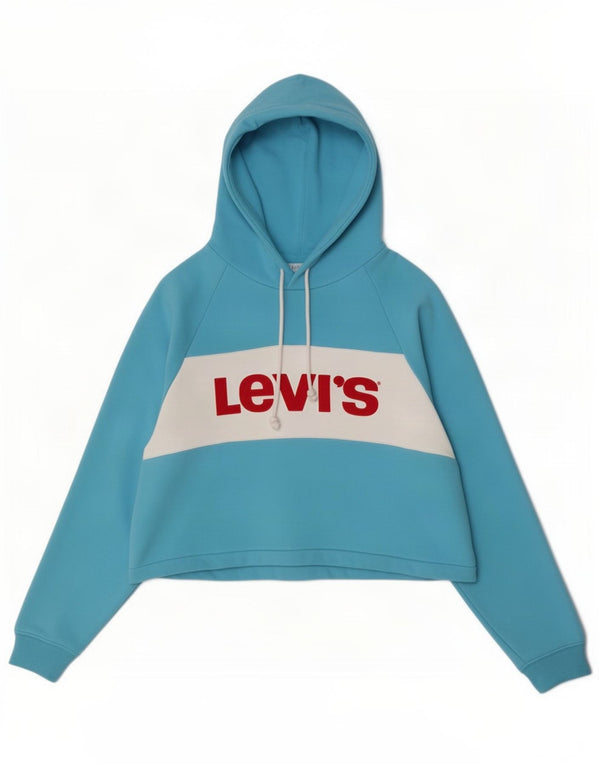 Levi's Womens Crop Graphic Hoodie Jumper UK 16 Large Blue Colourblock