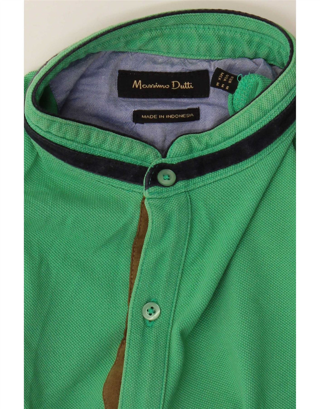 Massimo Dutti Mens Polo Shirt Medium Green Striped Cotton