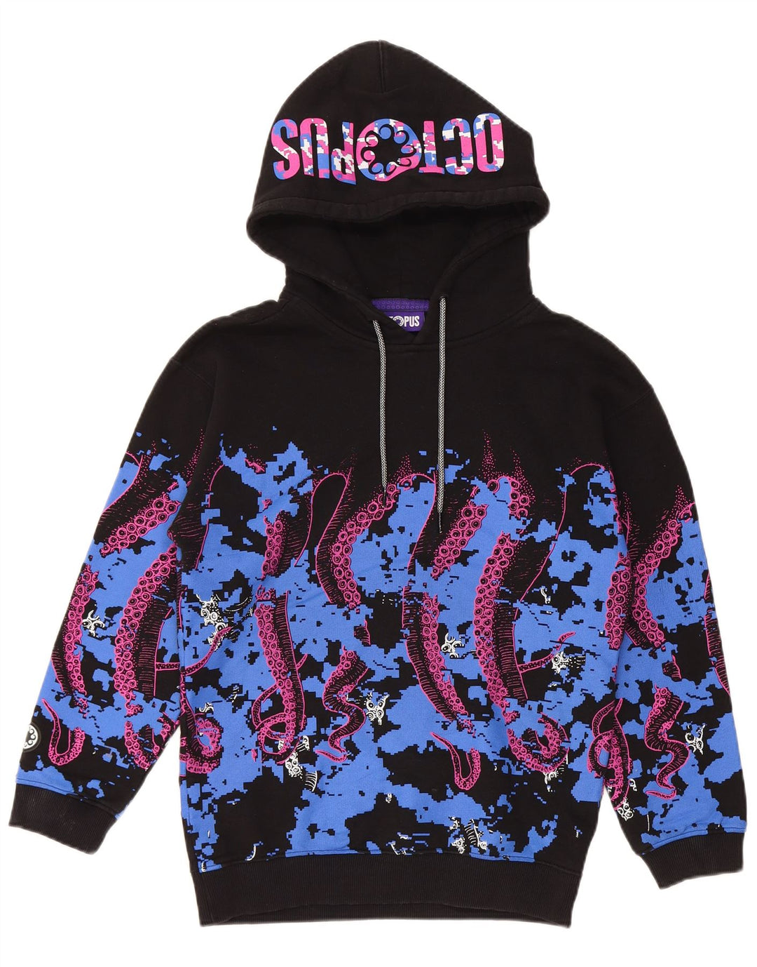 OCTOPUS Mens Graphic Hoodie Jumper Small Black Colourblock Cotton