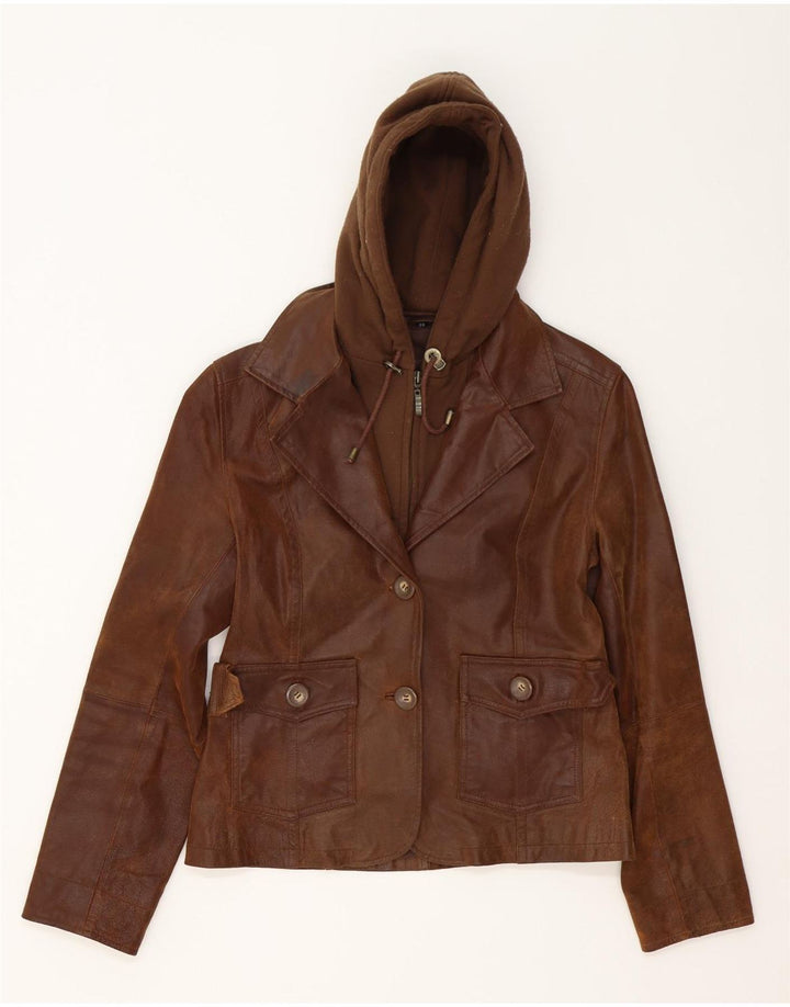 Rino & Pelle Womens Hooded Leather Jacket EU 38 Medium Brown