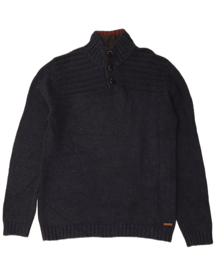 Ted Baker Mens Button Neck Jumper Sweater Size 3 Medium Navy Blue Cotton